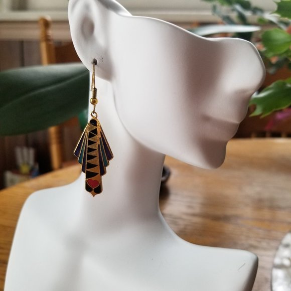 VINTAGE GOLDTONE MULTI COLORS RED HEART EARRINGS - Picture 1 of 4